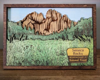 Arte en madera en capas de Seneca Rocks, WV / Decoración del Bosque Nacional Monongahela / Paisaje de Virginia Occidental / De pie o para colgar en la pared