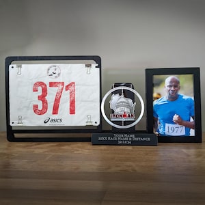 Medal Display with Bib & Photo or Two Photos 3 in 1. Great for Races, Marathon, Triathlon, All Sports, Achievement. Personalized Shadow Box.