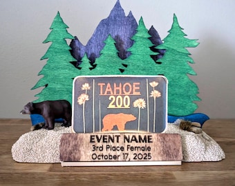 Mountain Forest Personalized Trail Running Buckle Display, Ultra Marathon Belt Buckle Display, Optional Bear