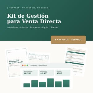 May include: A digital management kit for direct sales featuring a dark green header with white text reading Kit de Gestión para Venta Directa. It includes document templates for commissions, clients, and prospects, plus a dashboard showing annual sales data.