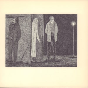 Puede incluir: Una ilustración en blanco y negro de tres hombres de pie en una puerta. El hombre de la izquierda lleva un traje y corbata. El hombre del medio lleva un abrigo largo. El hombre de la derecha lleva una chaqueta y un suéter. La ilustración está dibujada en un estilo simple.