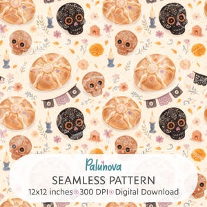 Könnte beinhalten: Ein nahtloses Muster mit Illustrationen von Pan de Muerto, schwarzen und orangefarbenen Zuckerschädeln, Studentenblumen, Kerzen und Papel-Picado-Bannern auf cremefarbenem Grund. Der Text lautet Palunova SEAMLESS PATTERN 12x12 inches 300 DPI Digital Download.