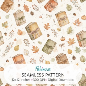 Patrón digital sin costuras Coquette Fall Book Club, papel digital otoñal de libros con lazos y hojas para scrapbooking y textiles