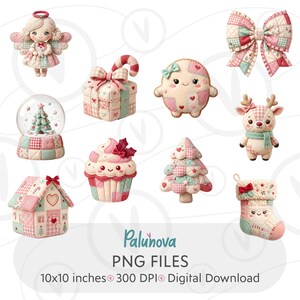 Bundle de Clipart Kawaii Navidad, 10 PNG Navideños, Bota y Lazo Patchwork, Gráficos Digitales de Navidad Pastel