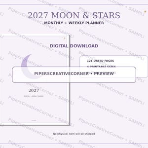 Op de afbeelding: Een digitale 2027 Moon & Stars maand- en weekplanner met 121 gedateerde pagina's en 4 printbare formaten. De omslag bevat een halve maan afbeelding en de tekst 2027 MONTHLY + WEEKLY PLANNER. Het ontwerp heeft een lichtpaarse achtergrond.