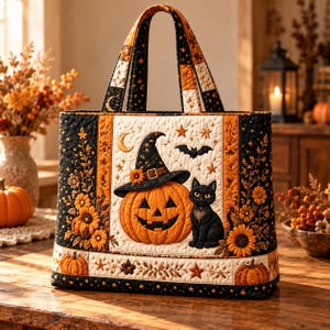 Könnte beinhalten: Eine gesteppte Tragetasche mit Halloween-Motiv, die einen Kürbis mit Hexenhut neben einer schwarzen Katze zeigt. Das Design umfasst orangefarbene Sonnenblumen, Fledermäuse, Sterne und Mondsicheln auf einem schwarz-cremefarbenen Hintergrund mit Henkeln.