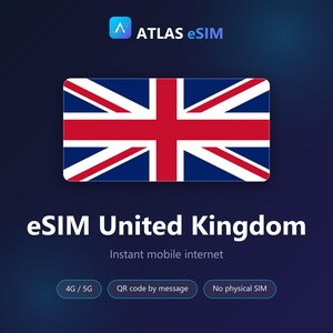 May include: A digital graphic for Atlas eSIM featuring the United Kingdom flag, the text "ATLAS eSIM", "eSIM United Kingdom", "Instant mobile internet", and three rounded buttons labeled "4G / 5G", "QR code by message", and "No physical SIM".