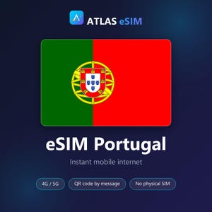 Pode incluir: O gráfico do produto digital ATLAS eSIM apresenta a bandeira de Portugal, o texto ATLAS eSIM, eSIM Portugal, Instant mobile internet e três botões arredondados com as etiquetas 4G / 5G, QR code by message e No physical SIM num fundo azul.