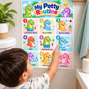 May include: A rectangular wall chart titled My Potty Routine featuring eight numbered steps illustrated with colorful cartoon dinosaurs. Each step depicts a specific action like pulling pants down, sitting on the toilet, wiping, and flushing the toilet.