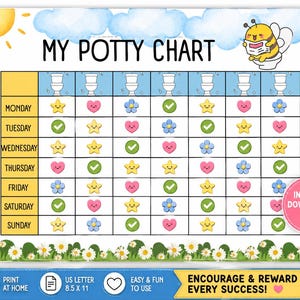 May include: A My Potty Chart with a yellow sun, blue clouds, and a cartoon bee on a toilet. The grid lists days of the week with columns for toilet icons and rows filled with colorful star, heart, flower, and green checkmark stickers.