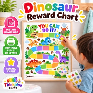 May include: A Dinosaur Reward Chart with a colorful path of squares, illustrations of various dinosaurs, a volcano, and the text 'YOU CAN DO IT!' and 'YOU DID IT!'. The chart includes a space for rewards and is designed for 8.5 x 11 inch US letter paper.