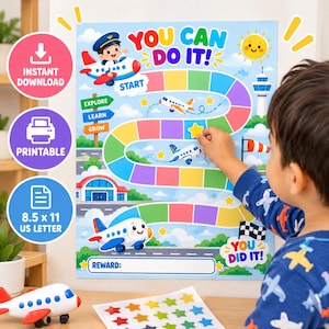 Può includere: Una colorata tabella dei premi stampabile a tema aereo con il testo YOU CAN DO IT! e YOU DID IT! La tabella include un percorso tortuoso di caselle colorate, aerei dei cartoni animati, un pilota e un sole. Include un foglio di adesivi a stella.