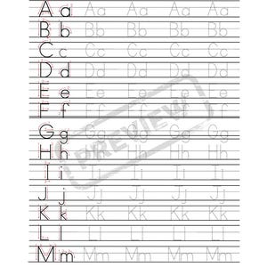 Puede incluir: Una hoja de ejercicios de caligrafía con las letras de la A a la M en mayúsculas y minúsculas. Cada letra se presenta en papel pautado con flechas direccionales y trazos numerados para guiar la correcta formación y escritura de las letras.
