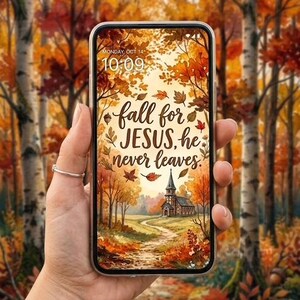 May include: A smartphone displaying a digital wallpaper of an autumn forest scene with a church and the text 'fall for JESUS, he never leaves.' The screen shows the time 10:09 and the date Monday, Oct 14, set against a backdrop of orange and red trees.