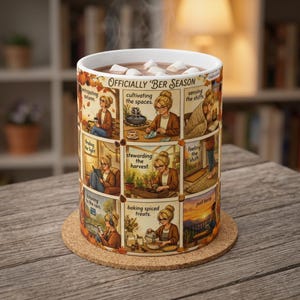 May include: A white ceramic mug filled with a hot beverage and marshmallows, featuring a grid of illustrations depicting a person in various autumn activities with the text Officially 'Ber Season, cultivating the spaces, and baking spiced treats.