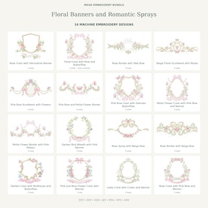 May include: A digital collection titled Mega Embroidery Bundle: Floral Banners and Romantic Sprays, featuring 16 machine embroidery designs. Each square displays a unique floral crest, border, or scrollwork motif in soft pink, green, and beige tones.