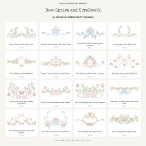 May include: A digital catalog titled Mega Embroidery Bundle: Bow Sprays and Scrollwork, featuring 16 machine embroidery designs. Each square tile displays a unique floral, bow, or butterfly motif with text labels indicating the design name and 3 sizes.
