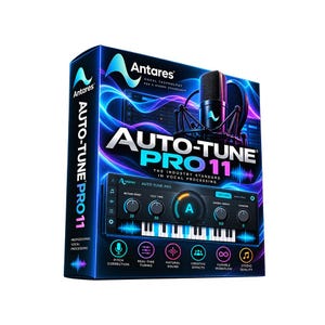 May include: A rectangular product box for Antares Auto-Tune Pro 11 software. The dark blue packaging features a microphone graphic, a digital interface with a piano keyboard, and text including "Auto-Tune Pro 11" and "The Industry Standard in Vocal Processing."