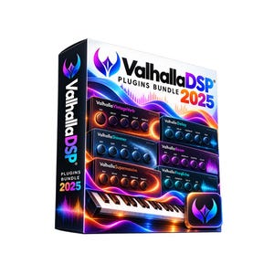 Könnte beinhalten: Eine ValhallaDSP Plugins Bundle 2025 Software-Box mit einem lebendigen, farbenfrohen abstrakten Wellendesign. Die Box zeigt das ValhallaDSP-Logo, eine Klaviertastatur-Grafik sowie die Bezeichnungen VintageVerb, Shimmer, Supermassive, Delay, Room und FreqEcho.