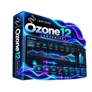 Op de afbeelding: Een rechthoekige softwaredoos voor iZotope Ozone 12 Advanced met een donkerblauw en zwart kleurenschema met neonlichtgolven. De doos toont de productnaam en een digitale interface met diverse audiocontroles en grafische weergaven.