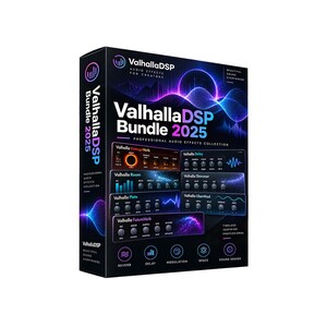 May include: A black rectangular software box for the ValhallaDSP Bundle 2025 professional audio effects collection. The front features a vibrant purple and blue abstract wave graphic, product titles, and icons for reverb, delay, modulation, space, and sound design.