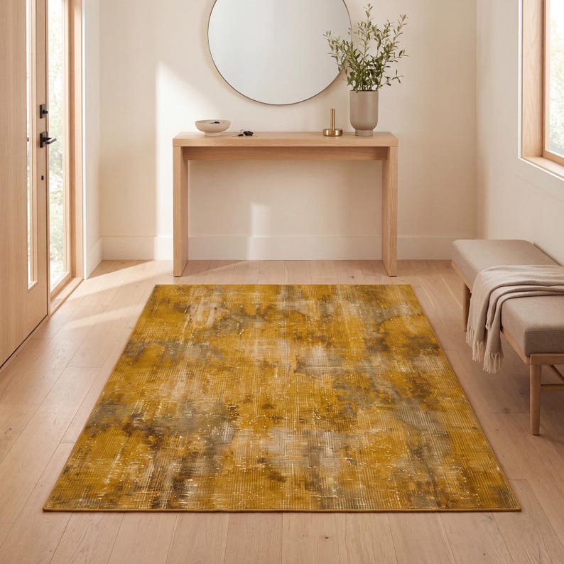 Home Rug Gold Gold Solid Colour Distressed Area Rug and Runner Rug, Machine Washable ...