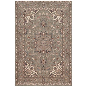 May include: A rectangular area rug featuring a sage green background with a central floral medallion and intricate scrolling vine patterns in shades of cream, dark blue, and muted red, enclosed by a wide decorative border with repeating floral motifs.