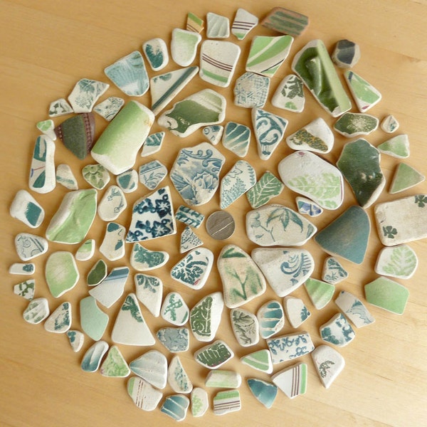 15 OUNCES SEA  POTTERY Green Shards from Beaches in Scotland Free Ship