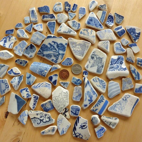 14 OUNCES SEA  POTTERY Blue and White Shards from Beaches in Scotland