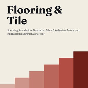 Könnte beinhalten: Ein Buchcover mit dem Titel Groundwork No. 08 Flooring & Tile: Licensing, Installation Standards, Silica & Asbestos Safety, and the Business Behind Every Floor von Son Nguyen. Das Design zeigt einen cremefarbenen Hintergrund und rote Treppen.
