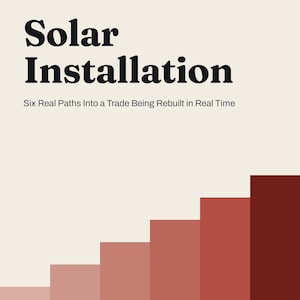 May include: A book cover with a cream background featuring the text Groundwork No. 02, Solar Installation, Six Real Paths Into a Trade Being Rebuilt in Real Time, and Son Nguyen. A stepped graphic in shades of red rises from the bottom right.