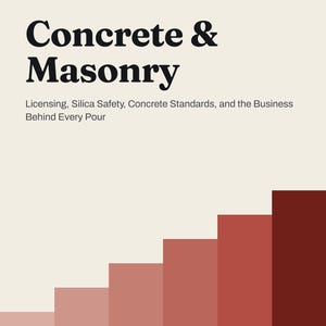 Könnte beinhalten: Ein Buchcover mit cremefarbenem Hintergrund, das den Text GROUNDWORK No. 07, Concrete & Masonry, Licensing, Silica Safety, Concrete Standards, and the Business Behind Every Pour sowie SON NGUYEN und eine rote Treppengrafik unten zeigt.