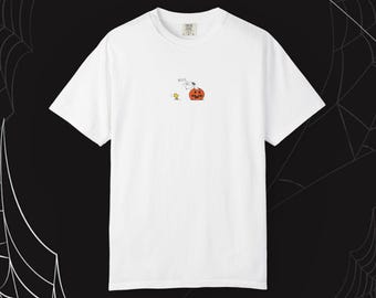 Camiseta com estampa de Halloween do Snoopy | Camiseta minimalista com abóbora e estampa "Boo!" (Estilo vintage)