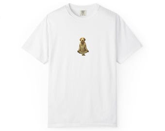 Camiseta engraçada com um Golden Retriever meditando | Camiseta minimalista de ioga para cachorro (Modelagem ampla)