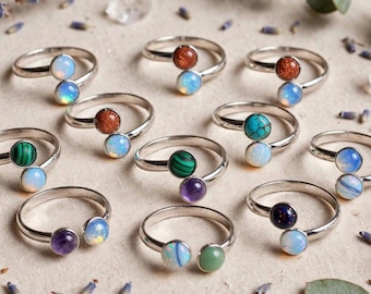 AMPIFIED ENERGY RINGS - Stainless Steel Double Stone Adjustable Ring | Opal + Healing Crystal