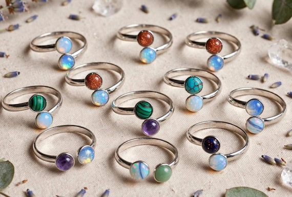 AMPIFIED ENERGY RINGS - Stainless Steel Double Stone Adjustable Ring | Opal + Healing Crystal
