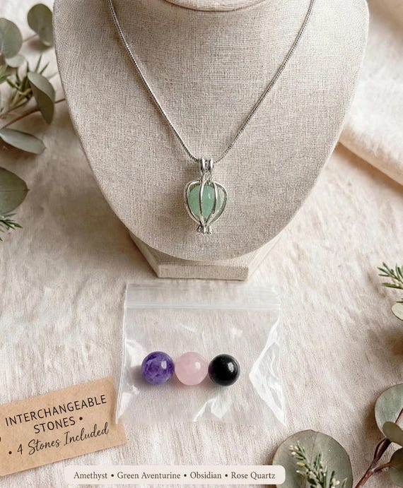 Interchangeable Crystal Cage Necklace - 4 Stones Included | Amethyst Green Aventurine Obsidian Rose Quartz | Silver Gemstone Holder Pendant