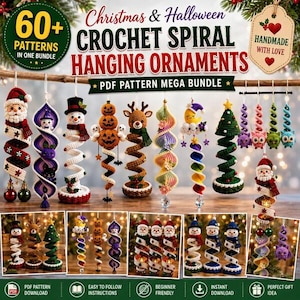 Pode incluir: Um anúncio digital para um pacote de mais de 60 padrões de crochê para ornamentos suspensos em espiral. A imagem exibe várias decorações festivas de crochê, incluindo Papais Noéis, bonecos de neve, abóboras, renas e árvores.