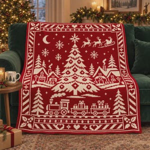 May include: A red and white knit throw blanket featuring a festive holiday pattern. The design includes a central Christmas tree, a steam train pulling gift-filled cars, a village with houses, a crescent moon, snowflakes, and a flying sleigh.
