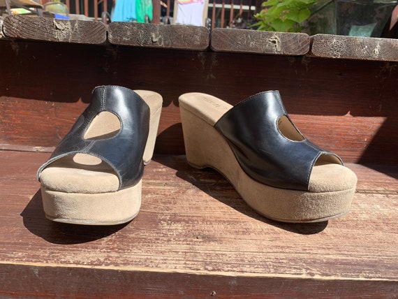 Black Leather Chunky Slip On Platform Wedges with