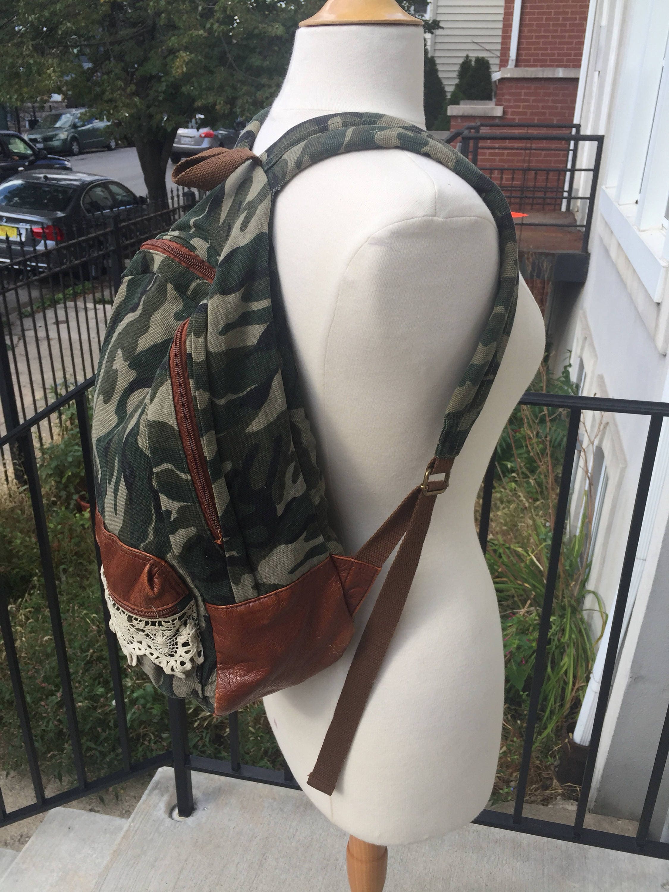 Camo Faux Leather and Lace 90s Backpack by Charlotte Russe 