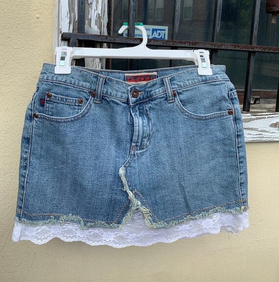 Cavaricci 90s Denim Lace Micro Mini Skirt Distress