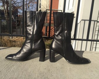 Paul Green Zip Up Black Leather Boots Block Chunky Heels Made in Australia