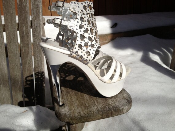 Icy Silver Stiletto Heels White Double Strap Stile