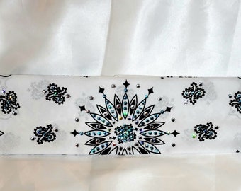 White Paisley Bandana with Turquoise and Diamond Clear Austrian Crystals (Sku2010)