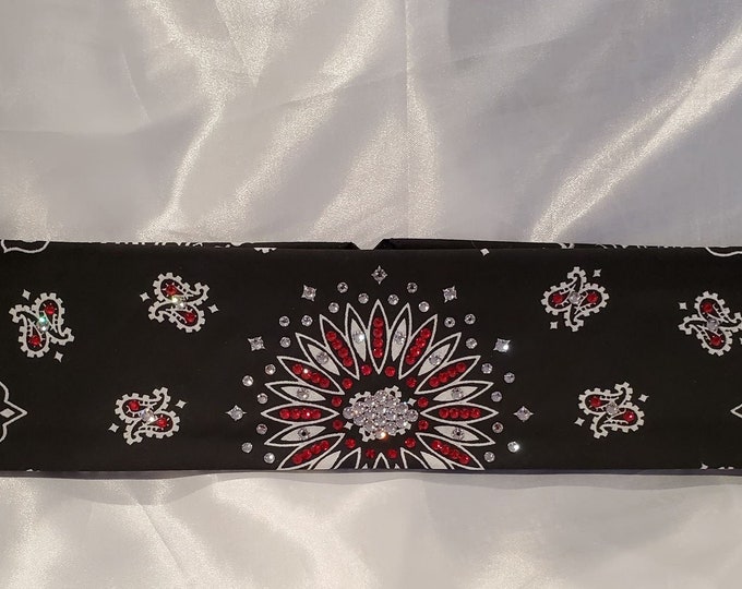 Black Paisley Bandana with Red and Diamond Clear Austrian Crystals (Sku1926)