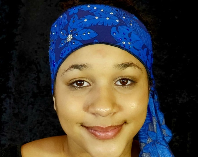 Dark Blue Jungle Leaves Headband Strip with Blue, Diamond Clear and Black Swarovski Crystals (Sku5559)