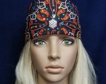 Black and Coral Indian Bandana with Turquoise, Orange and Diamond Clear Austrian Crystals (Sku1413)
