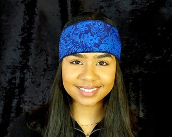 Dark Blue Jungle Leaves Headband Strip with Blue and Black Austrian Crystals (Sku5560)