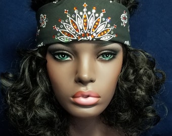 Narrow Black Paisley Bandana with Orange and Diamond Clear Austrian Crystals (Sku2068)